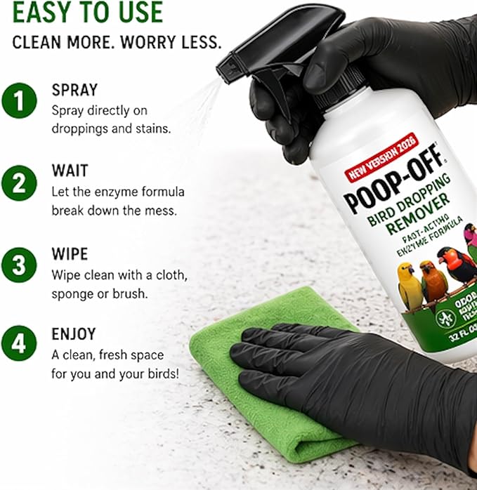 Poop-Off Bird Dropping Remover Spray, 32 oz – Fast-Acting Enzyme Formula, New Version 2026, Odor Neutralizing, Safe for Cages, Carpets & Surfaces