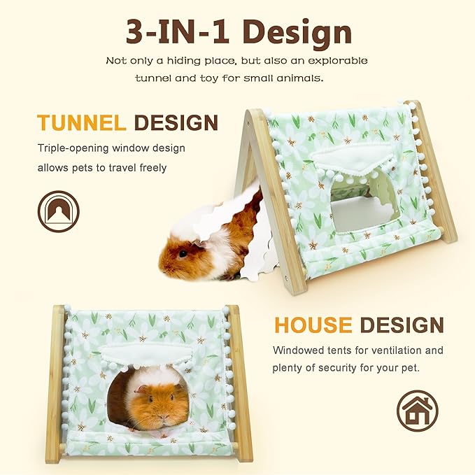 Guinea Pig Hideout, Sturdy Bamboo Small Animal House with Window, Rabbit Bunny Tunnel, Easy to Assemble for Hamsters Bunny Rat Chinchillas Playing Hiding, Guinea Pig Cage Accessories, Green