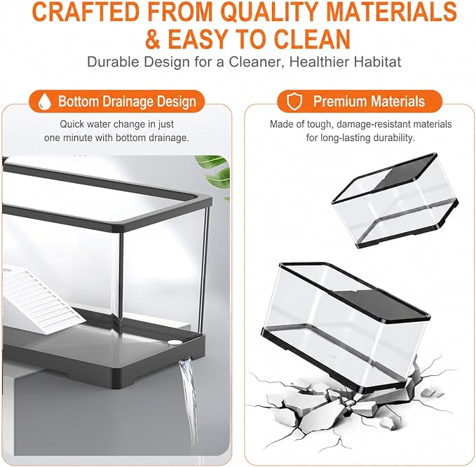 Turtle Tank Starter Kit– Acrylic Aquarium with UVB/UVA Lamp, 3W Quiet Filter, Basking Platform & Lid – Complete Habitat for Baby Turtles, Crabs, Amphibians & Small Reptiles