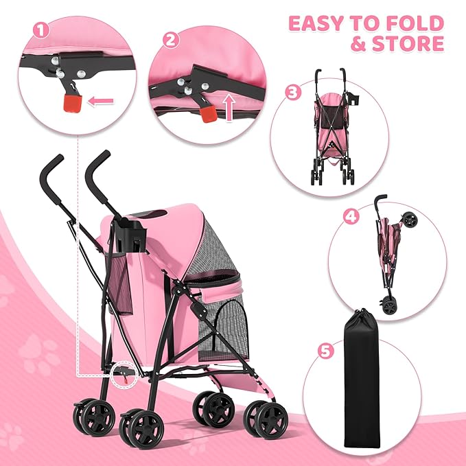 Magshion Compact Pet Stroller for Small-Medium Dogs/Cats up to 22lbs, 4-Wheel Lightweight Umbrella Shaped Portable Puppy Travel Jogger with Breathable Mesh & Rear Storage, Pink