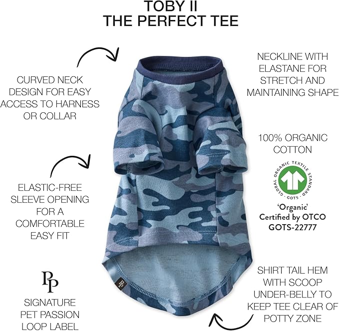 Pet Passion Toby II - The Perfect Tee, 3 Pack Short Sleeve Pet T-Shirt 100% Organic Cotton Tees Clothes for Small, Medium, Large Dogs, Navy Camo, Small (10-25 lbs)