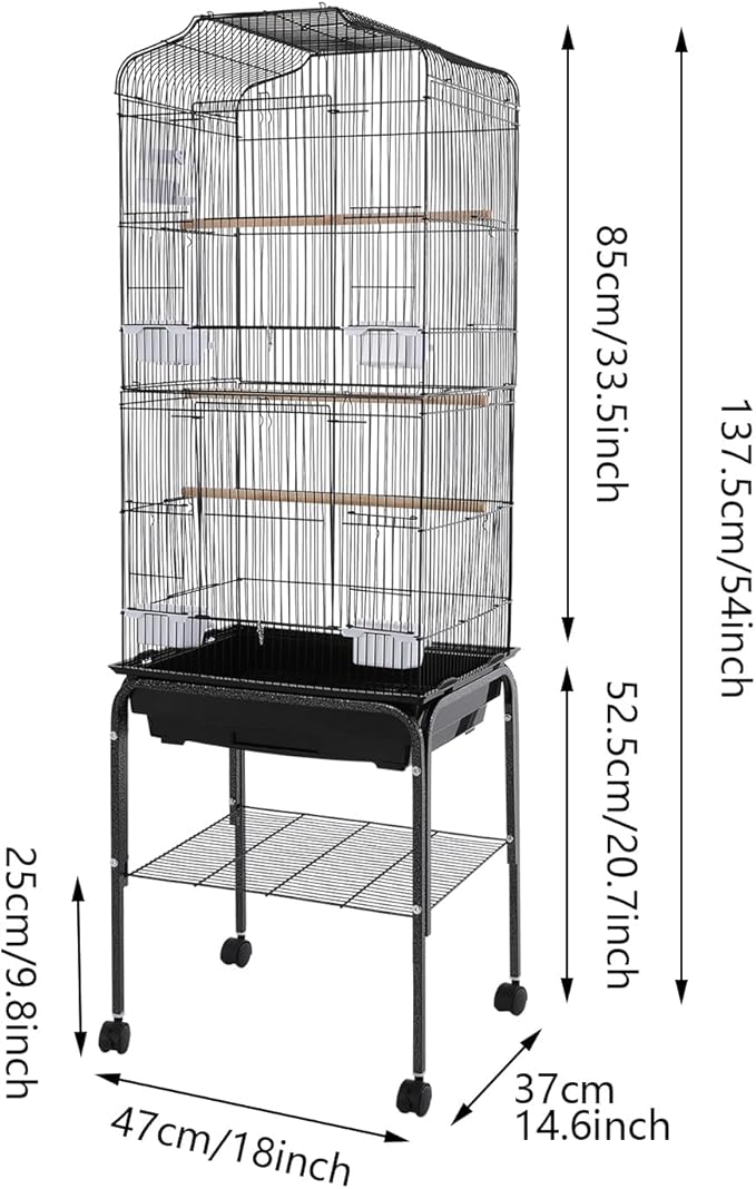 Large Bird Cage with Stand 54 Inch Standing Bird Cage with Removable Tray, Rolling Bird Cage Stand with Wheels for Parakeets, Parrot, Cockatiel, Pigeon, Finch Cage for Birds(Black)