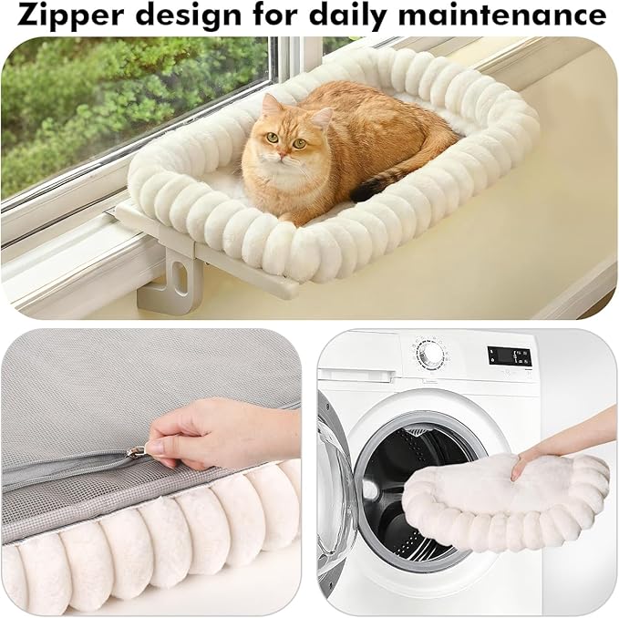 Zoratoo Cloud-Cuddle Cat Window Perch with 4-Sided Bolster, Zipper Design Cushion Window Seat for Window Sill, Sturdy Metal Frame & Easy Assembly Pet Hammock Bed for Indoor Cats (White, Large)