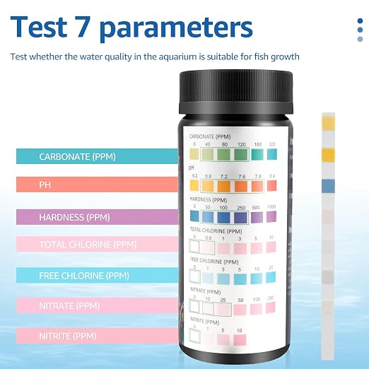 100Pcs Aquarium Test Strips, Water Testing Strips for Carbonate Root 7 in 1 Fish Tank Test Kit pH Hardness Total Chlorine Free Chlorine Nitrate Nitrite with Test Tube Fast Accurate Aquarium