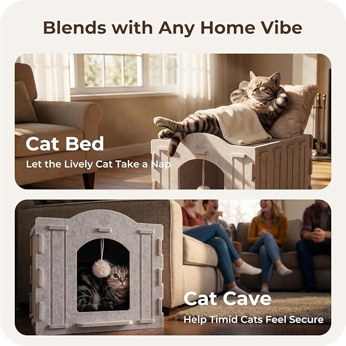 Apasiri Cat Bed Cave for Indoor Cats: New Felt Cat Bed with Fluffy Ball, Foldable Cat House with Scratch-Resistant Board, Hideaway Cat Cave for Timid Cats, Sturdy Two-Tier Cat Condo & Cat Houses
