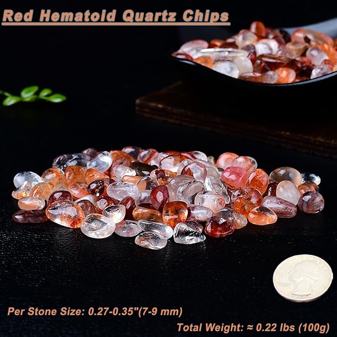 Erliway 100g Natural Red Hematoid Crystal Chips 7-9mm Tumbled Stones | Small Crushed Crystal Stone, Polished Crystals Chips for Fish Tank, Healing Tumbled Rocks for Reiki Jewelry Making Home Décor