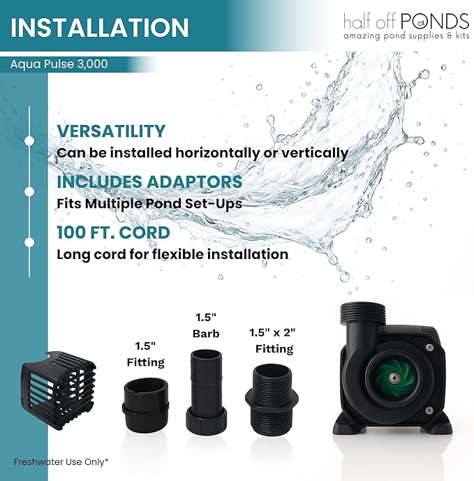 HALF OFF PONDS Submersible Water Pump, 3,000 GPH Pond Pump with 100FT Power Cord and 19FT Max Head, 192W Ultra Quiet Energy Efficient Pump for Koi Pond, Fountain, Waterfall, Water Garden, Skimmer
