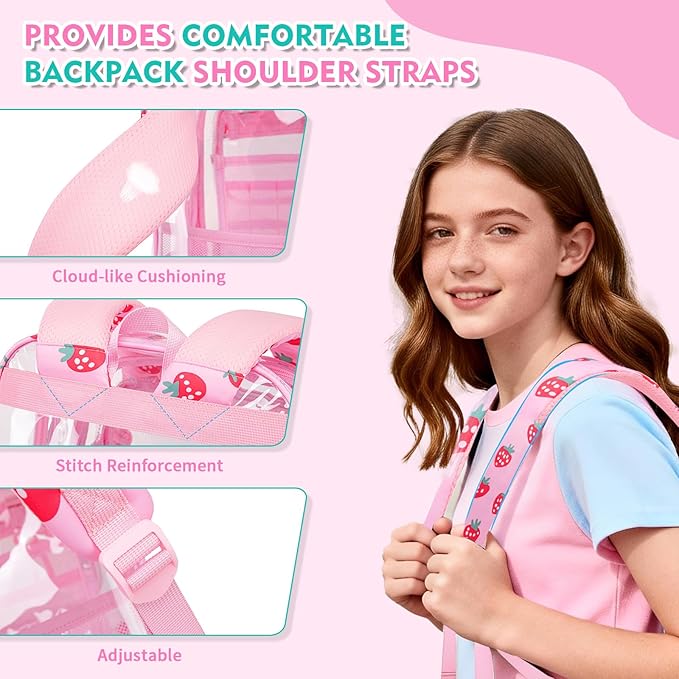Clear Backpack for School,Transparent Backpack Stadium Events,Heavy Duty Clear Bookbag for Girls,Boys,Work,Sport Pink Strawberry
