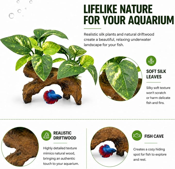 9-Pack Silk Aquarium Plants & Driftwood Cave Fish Tank Decor Accessories | Soft Silk Plants Aquarium Decorations, Fish-Friendly, Small Fish Tank Decorations for Betta, Shrimp, Cichlid Tank & Reptiles
