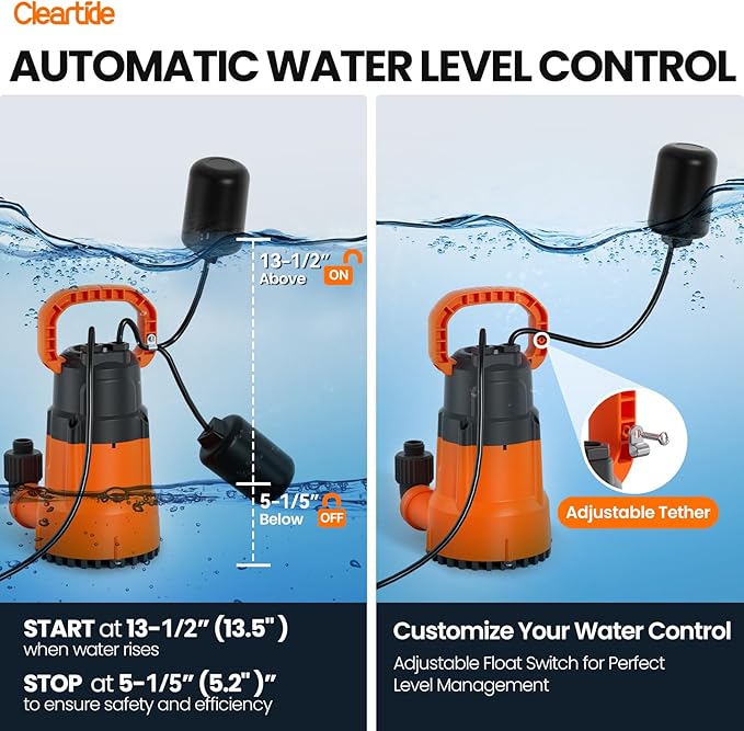 Cleartide Submersible Water Sump Pump with Float Switch, 1/3 HP 2790 GPH High Flow, 100% Copper Motor, Ideal for Pool, Ideal for Yard and Flooded Cellar, Hot Tub, Garden Irrigation,10 FT Cord