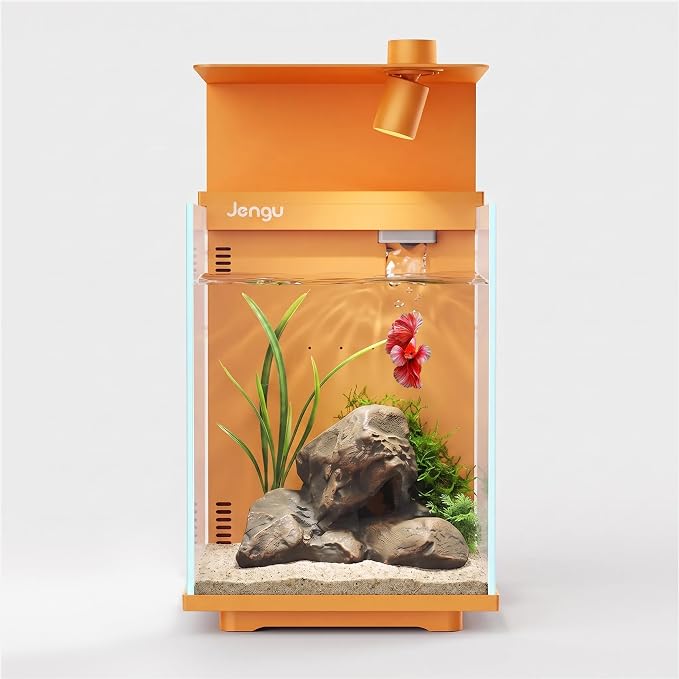 2.1 Gal Betta Fish Tank, Ultra Clear Glass Desktop Aquarium Starter Kit | Hidden Back Filter, Quiet Pump, LED Light, All-in-One Nano Aquarium for Desk, Orange