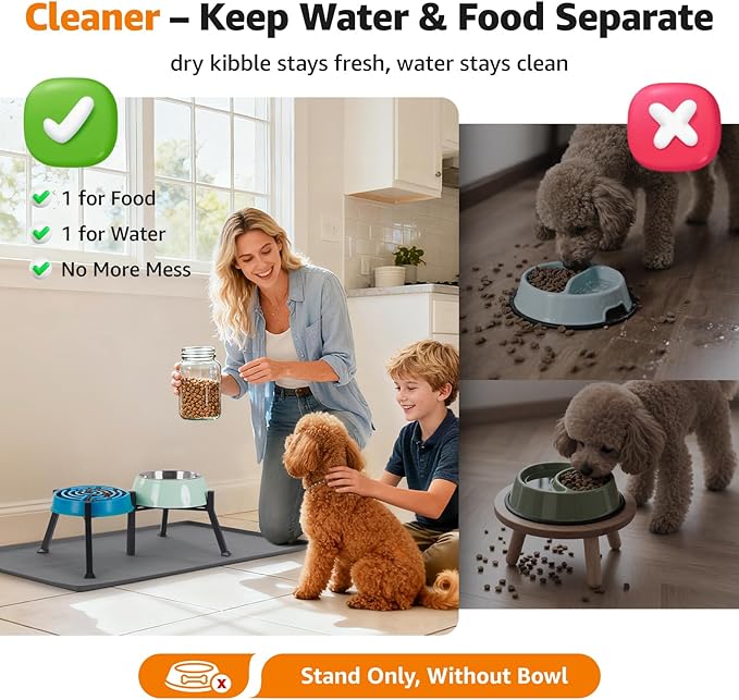 LOOBANI Double Dog Bowl Stand: 2-in-1 Elevated Food Water Bowl, Adjustable Width Fits Bowls 5.9"-8.7" (Stand Only), Anti-Slip Raised Bowl for Medium Adult, Senior, Arthritis Dogs, Black, Medium