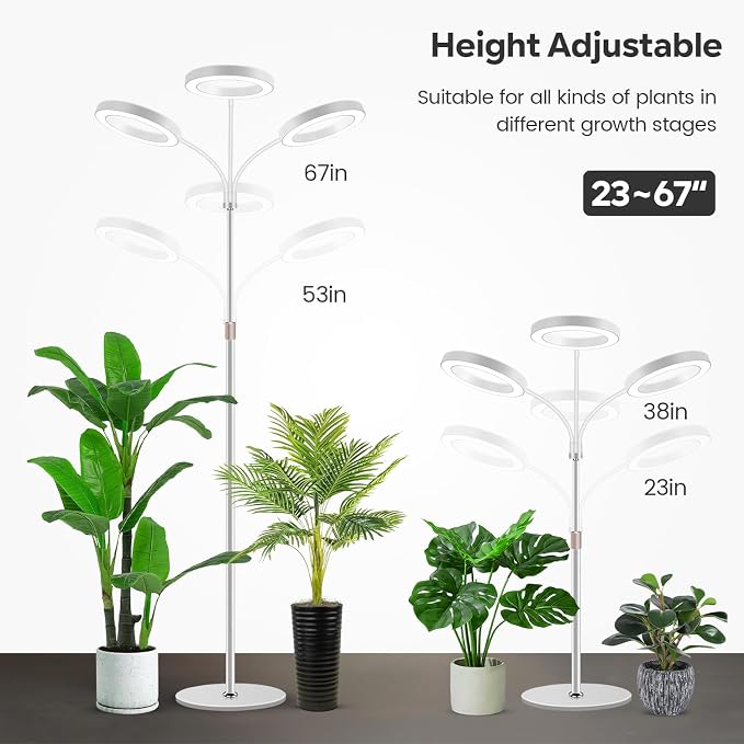 Floor Plant Light, 3 Head Full Spectrum Grow Light with Base | 252 LEDs 6000K Grow lamp,12V,23''-67'' Height Adjustable,3 Color Modes & 5 Dimmable,Timer 6/12/16H,for Large Plants