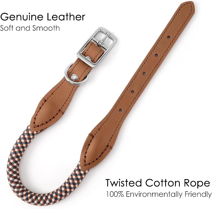 Mile High Life Genuine Leather Dog Collar, Durable Braided Cotton Rope Collar with Metal Pin Buckle for Small Medium Large Dogs (Brown Plaid, M Neck 15"-18")