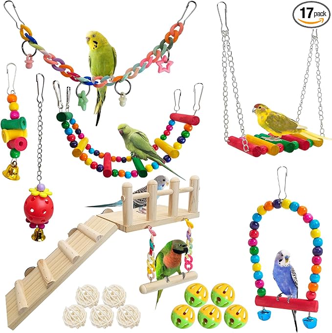 Hamiledyi 17Pcs Parrot Swing Toys Perches Platform with Bird Climbing Ladder Chewing Hanging Standing Colorful Toys Cage Accessories for Parakeet, Conure, Finch, Lovebirds, Budgie, Canary