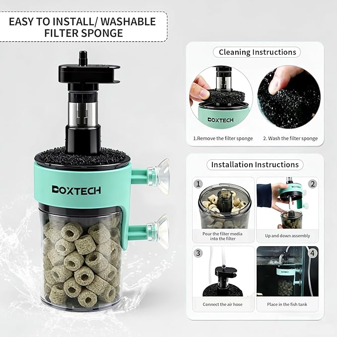 UPETTOOLS 3-in-1 Aquarium Filter, Small Fish Tank Filter with Aeration Filtration & Bio-Filtration, Submersible Aquarium Filter for 5-7 Gallons Tanks
