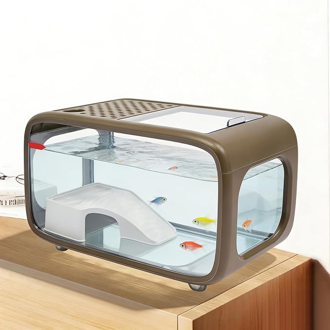 Desktop Fish Tank 3.17 Gal, Fish Tank with Top Feeding Hole, Desktop Fish Bowl with Climbing Frame for Aquatic Animals (Brown)