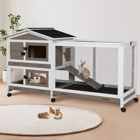 Suumerpety 62" Rabbit Hutch with Chew-Proof Ramp & Waterproof Roof - Indoor/Outdoor Bunny Cage, 2-Story Design, 6 Lockable Caster Wheels & Dual Pull-Out Trays (Brown)