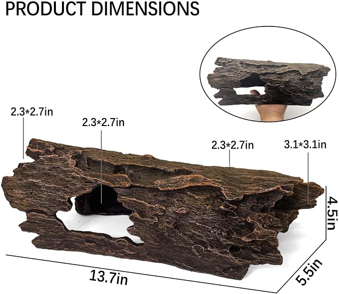 Tfwadmx Bearded Dragon Hide, 13.5" Large Reptile Hideout, Resin Simulated Hollow Log for Aquarium, Betta Fish Hideout, Reptile Tank Accessories for Corn Snakes, Young Ball Pythons, Geckos, Axolotls