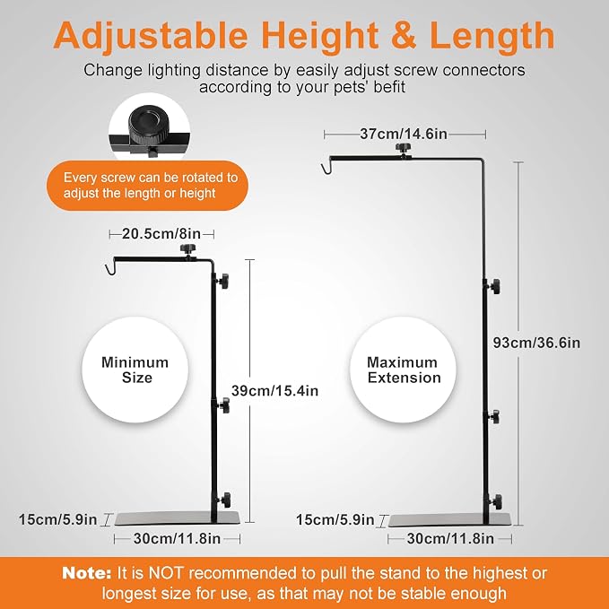 Simple Deluxe Reptile Lamp Stand, Adjustable 15"-36" Floor Light Holder Stand Metal Bracket for Reptile Glass Terrarium Heating Light, L: 36.6 x 14.6 inch, Black