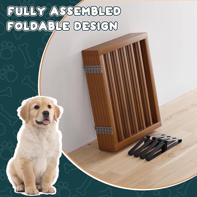 Semiocthome Walnut Dog Gates for Doorways, 6-Panel Freestanding Dog Gate Indoor for the House Stairs, 24" H Foldable Wooden Pet Gates with 4PCS Metal Stands, Expands Up to 110" (W)