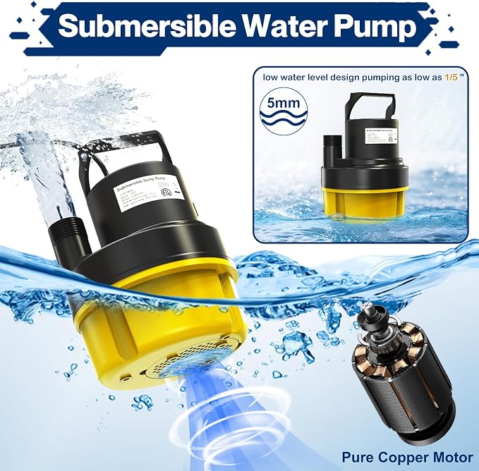 AgiiMan 3500GPH Pool Cover Pump, 1HP Submersible Sump Pump, Yellow | 25FT Power Cord, 17FT Lift, IPX8 Thermoplastic Housing, Thermal Protection, Low Suction for Pools, Basements and Ponds
