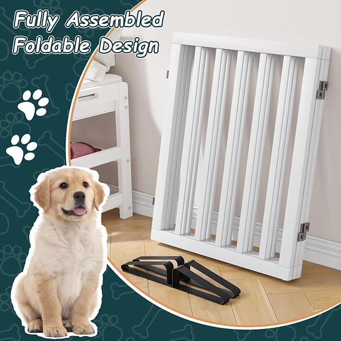 Semiocthome Bamboo Freestanding Dog Gates for Doorways,3-Panel Indoor Puppy Gates for the House with 2 Metal Stands,24"H Folding Pet Gate for Stairs Expands Up to 55"W Fully Assembled Stair Gate White
