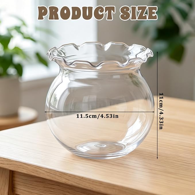 Mini Plastic Fish Bowl with Floral Trim, 27 oz Decorative Fish Bowls Unbreakable Plastic Betta Fishes Tank Clear Round Desktop Vases Bowls for Home Decor, Centerpiece Vases, Candy, Party Favors
