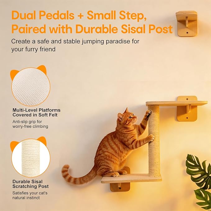 8-in-1 Cat Wall Shelves for Large Cats, Wall Mounted Cat Furniture with Feeding Station&Extra Wide Hammock, Heavy Duty Cat Climber for Indoor Cats to Sleep Play & Eat, 44lbs Capacity, Wood