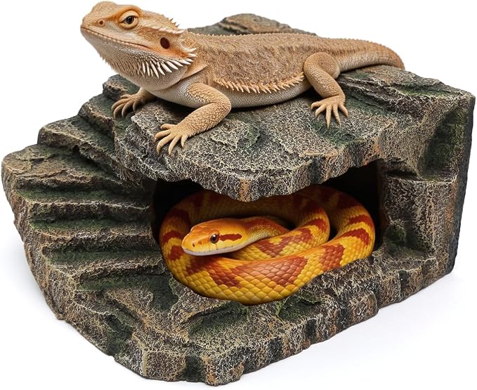 Extra Large Reptile Hide and Basking Platform, Resin Rock Cave for Bearded Dragons, Geckos, Snakes, Turtles and Lizards