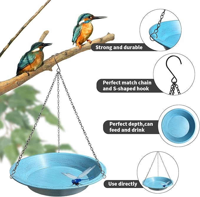 Hanging Bird Bath for Outdoors,11.4 inch Birdbath Bowl Window Birds Feeders with 13.5 in Rust-Proof Black Chains Metal Hanging Birds Feeder for Garden Backyard Decor Vintage Blue