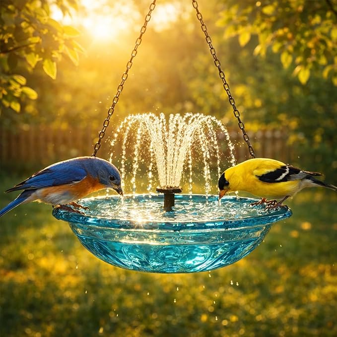 Solar Cascade Hanging Bird Bath Fountain, 2026 New Outdoor Hanging Bird Bath with Solar Fountain, Large Humming Birds Baths Fountains, with Solars Pump & Glass Bowl, for Outdoor, Gardens (#7)