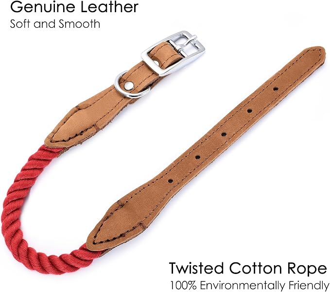 Mile High Life Genuine Leather Dog Collar, Durable Braided Cotton Rope Collar with Metal Pin Buckle for Small Medium Large Dogs (Red, S Neck 11"-15")