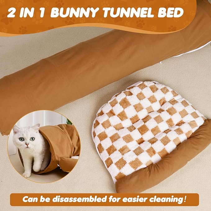 Spardar Bunny Tunnel Bed, 2-in-1 Collapsible Tunnel Tubes Toys, Washable, with Removable Mat Hideout, Interactive Toys for Rabbits Chinchilla Hedgehog Guinea Pigs Kitty, Khaki