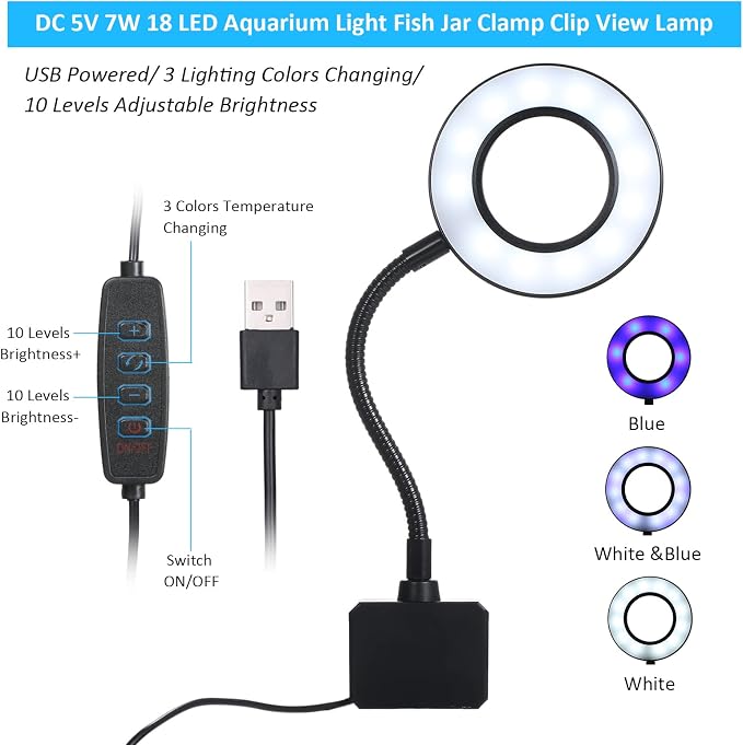 18 LED Aquarium Light with Clip on Flexible Gooseneck USB Powered Dimmable 3 Color Modes 10 Brightness Levels for Fish Tank Jar