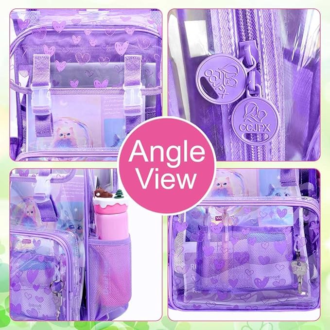 17" Love Heart Clear Backpack for Girls - 3Pcs Flip Design Stadium Approved Set, Campus/Travel Transparent Bookbag (Purple)