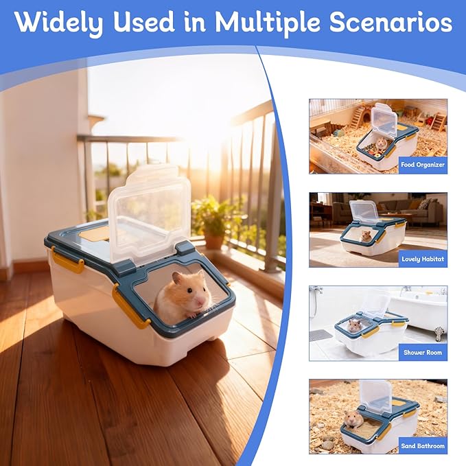 Large Chinchilla Sand Bath Container Kit with Sand Cup & Shovel | Plastic Dust Bath House for Hamster, Hedgehog, Guinea Pig, Squirrel & Small Animals | Pet Room (Blue)