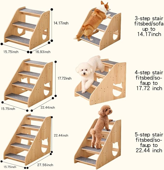 Dog Stairs for Small Medium Large Dogs 14.17" H Load Capacity 150lbs Solid Wood Non-Slip Sturdy Pet Steps for Bed & Couch 3 Step 15.75 * 16.93 * 14.17"