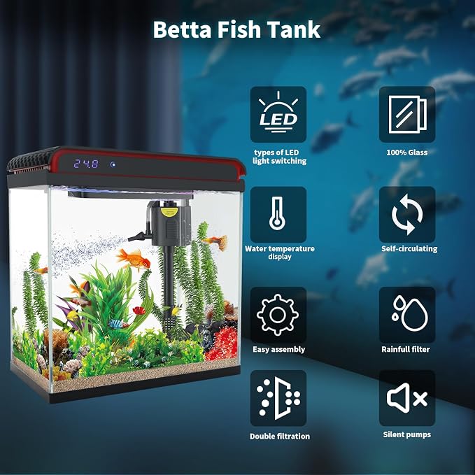 10 Gallon Fish Tank, Betta Fish Tank Glass Small Aquarium Starter Kits Self Cleaning with 3 Types of LED Lights and Filter Water Pump, Ultra Quiet Decoration Kids Room Gift