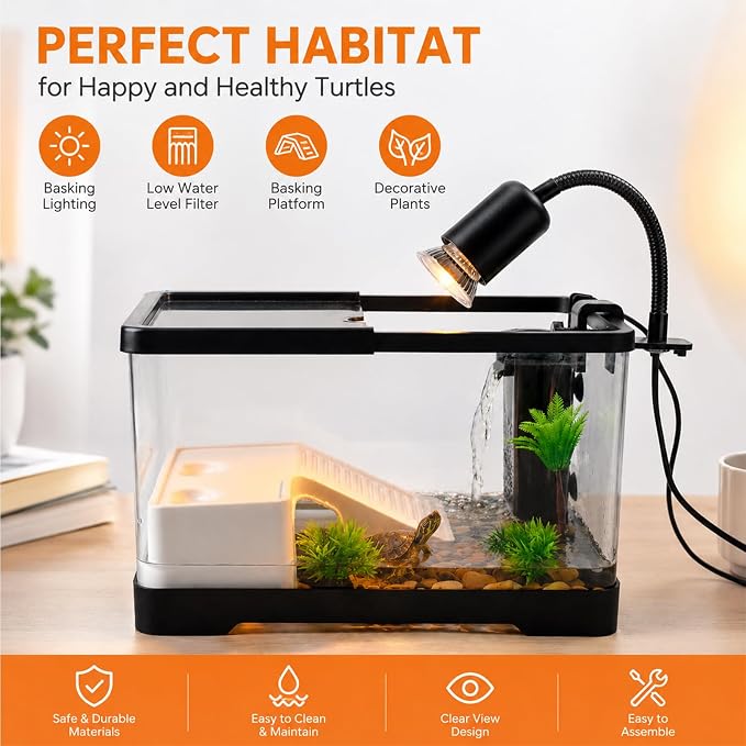 Turtle Tank Starter Kit– Acrylic Aquarium with UVB/UVA Lamp, 3W Quiet Filter, Basking Platform & Lid – Complete Habitat for Baby Turtles, Crabs, Amphibians & Small Reptiles