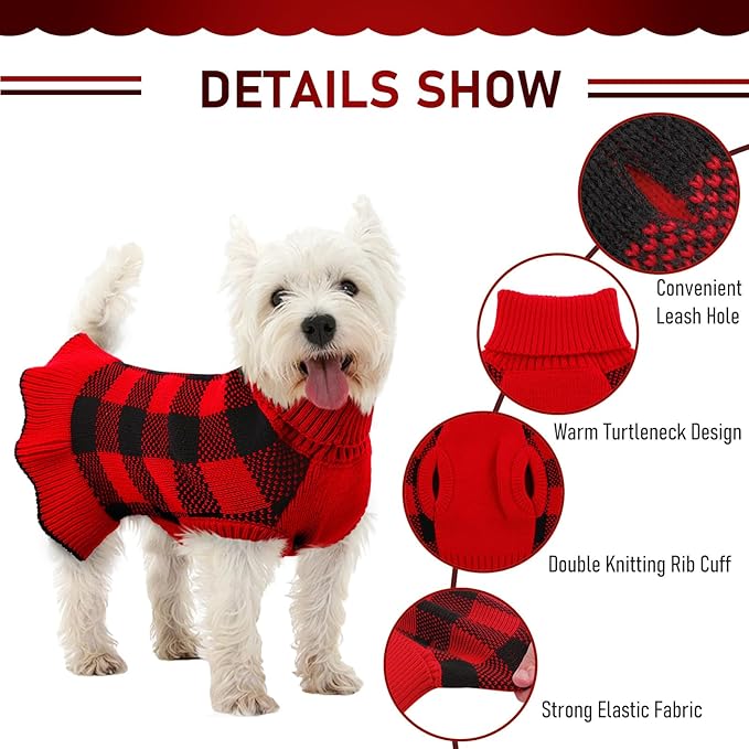 Dog Sweater Dress Plaid Knitwear for Small Medium Dogs Warm Puppy Pet Turtleneck Stretch Pullover Cute Fall Winter Vest Clothes with Leash Hole for Christmas (Red, 2XS)