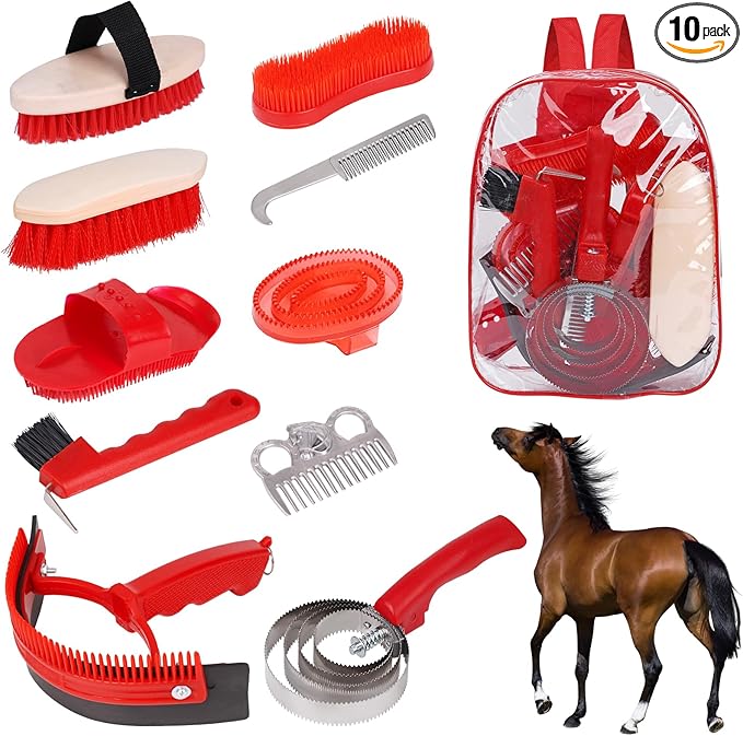 Horse Grooming Kit, Horse Brushes for Grooming 10pcs Horse Cleaning Tool Set with Tote Bag, Sweat Scraper, Curry Comb, Brush, Hoof Pick, Livestock Bathing Supplies Equine Care Supplies