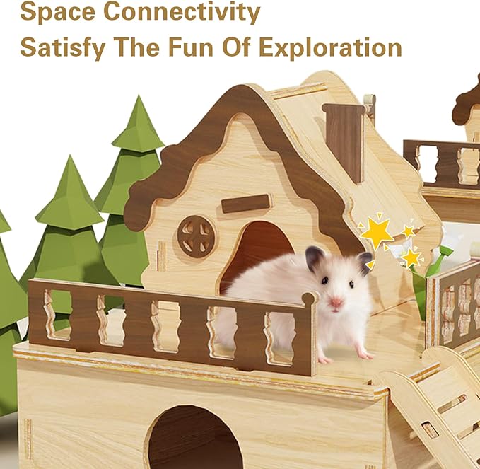 Wooden Hamster Platform and Dwarf Hamster House,Cute Syrian Hamster Tiny House Hideout,Large Balcony Lookout Holes,for Dwarf Gerbils and Mouse Mice Rat Other Small Animals(G)