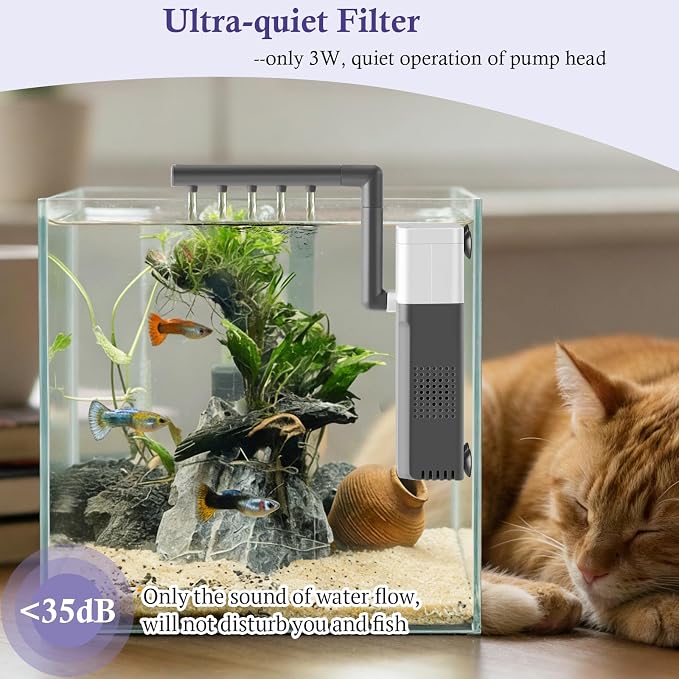 3W Mini Fish Tank Filter, 48GPH Quiet Aquarium Internal Filter 3-in-1 Submersible Fish Tank Filter Pump for 1-6Gal Betta/Fry/Shrimp Tanks