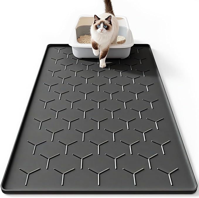 Bulkniu Large Silicone Cat Litter Mat, Waterproof/Urineproof, Litter Recycling, Easy to Clean, Soft on Kitty Paws (22"X34"- Black)