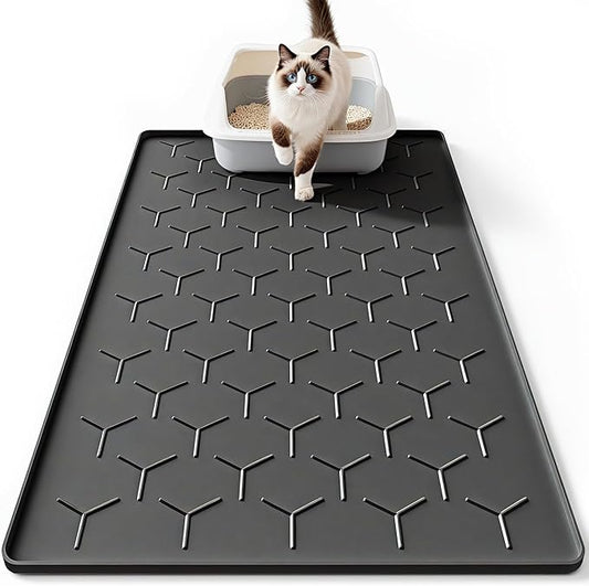 Bulkniu Large Silicone Cat Litter Mat, Waterproof/Urineproof, Litter Recycling, Easy to Clean, Soft on Kitty Paws (22"X34"- Black)