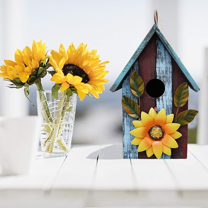 Linfevisi Wooden Bird House Bluebird Nest Box Birds Boxes Home Wood Birdhouses Hanging Outdoor Decorative for Wren Finch Chickadee Sparrows Cardinals Garden Tree 9.37 Inch Tall(Blue)