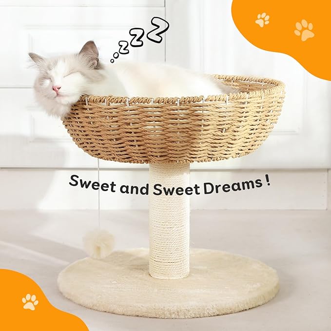 Cat Tree Tower,Handwoven Large Nest,Woven Rattan Cat Condo, Cat Bed,Suitable for Cats Weighing Up to 20 Pounds