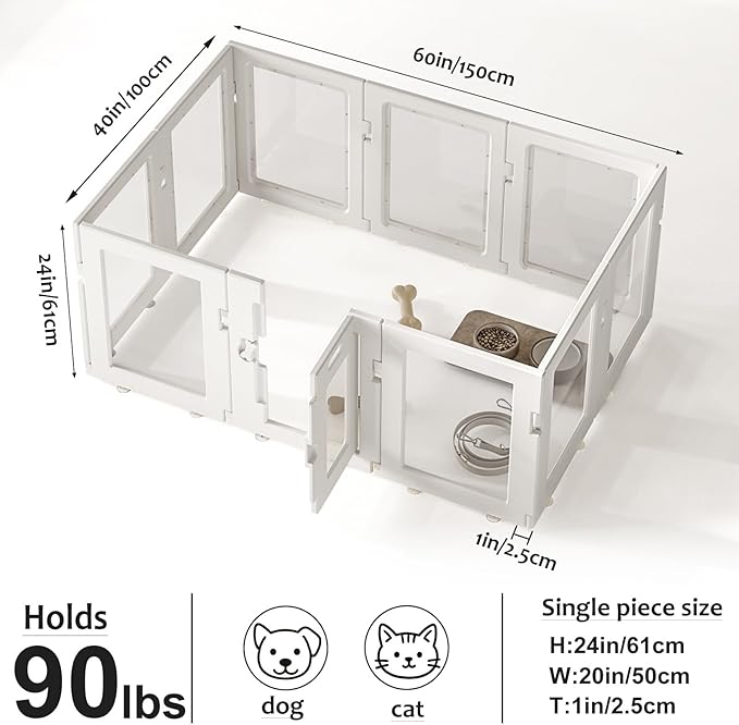 Clear Acrylic Dog Playpen Indoor, Puppy Cat Small Pet Play Pen, Easy Assemble & Disassemble Sturdy Plastic Dog Fence with Heavy Duty Door Lock (24In H, 10PCS), White