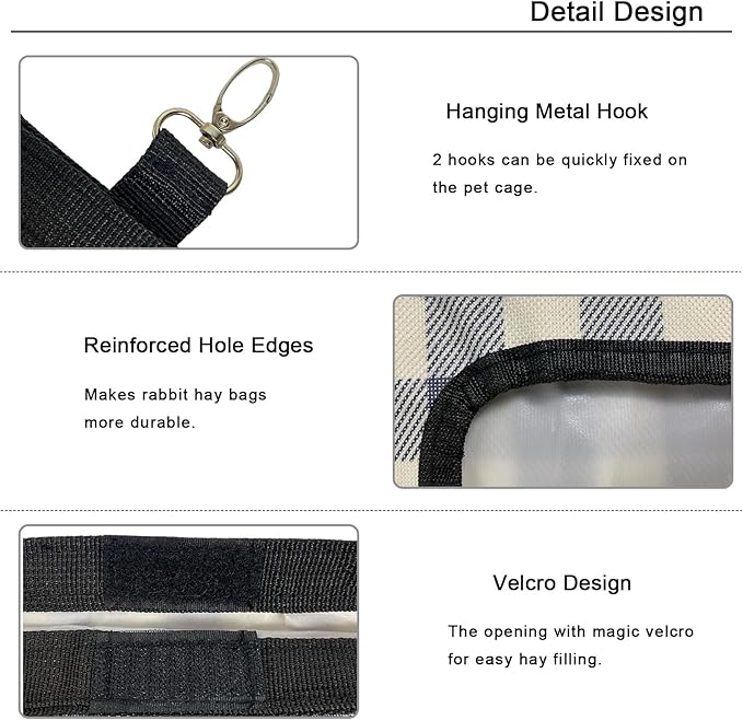 Rabbit Hay Feeder Bag, Large Capacity Rabbit Hay Bag Small Animal Hanging Hay Bag 600D Oxford Cloth Bunny Hay Feeder Bag for Rabbits Guinea Pigs Chinchillas (Plaid-4 Holes-1Pcs)